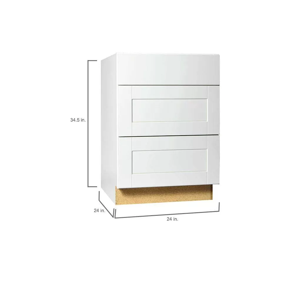 Hampton Bay Shaker 24 in. W x 24 in. D x 34.5 in. H Assembled Drawer Base Kitchen Cabinet in Satin White with Ball-Bearing Glides