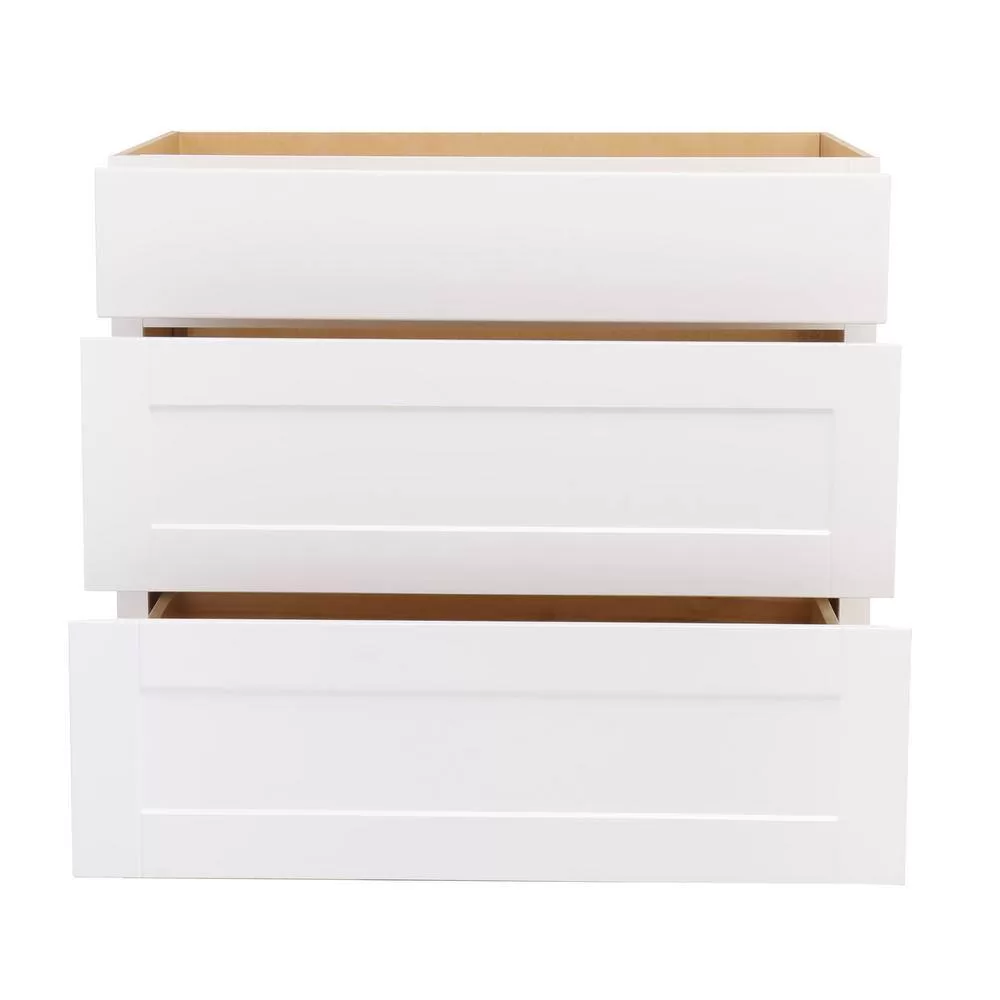 Hampton Bay Shaker 30 in. W x 24 in. D x 34.5 in. H Assembled Drawer Base Kitchen Cabinet in Satin White with Full Extension Glides
