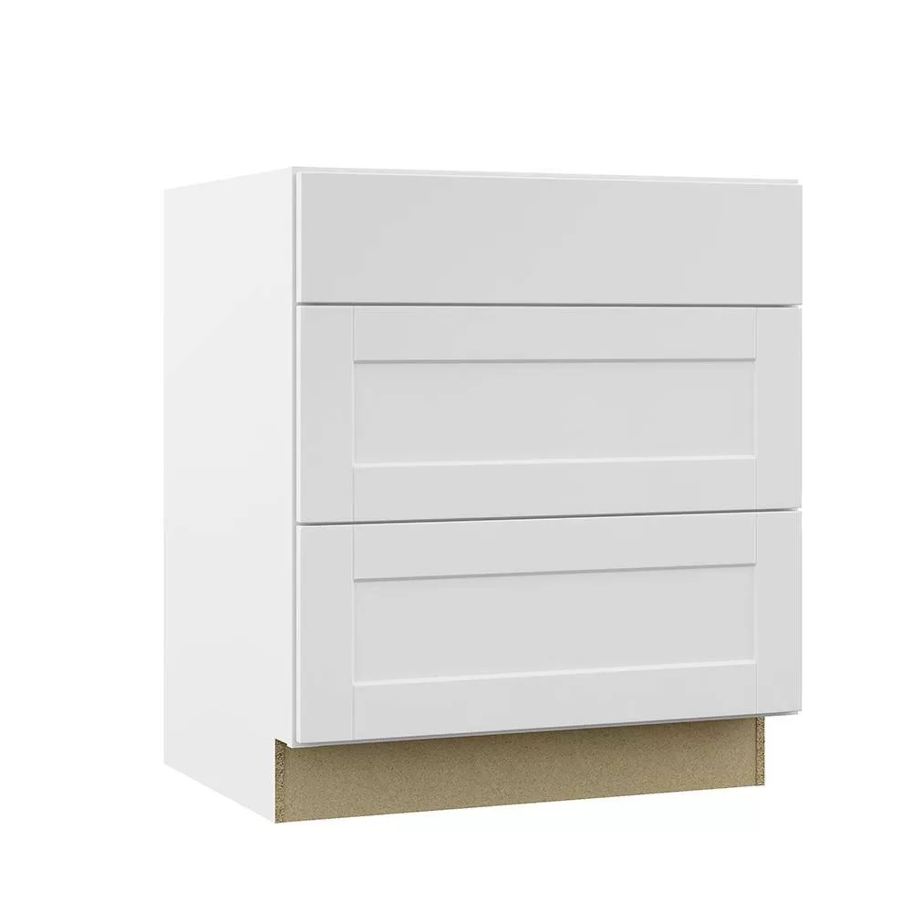 Hampton Bay Shaker 30 in. W x 24 in. D x 34.5 in. H Assembled Drawer Base Kitchen Cabinet in Satin White with Full Extension Glides