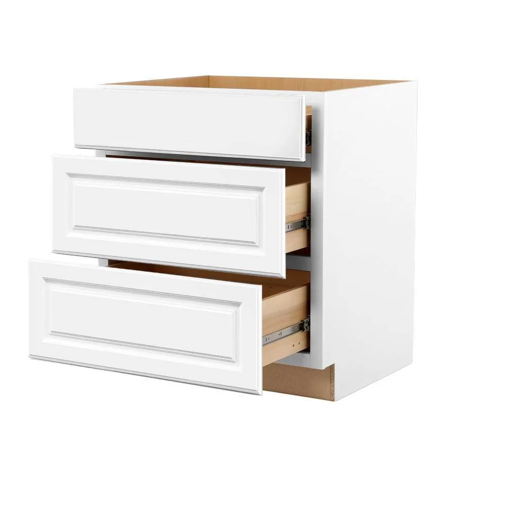 Hampton Bay Hampton 30 in. W x 24 in. D x 34.5 in. H Assembled Drawer Base Kitchen Cabinet in Satin White with Full Extension Glides