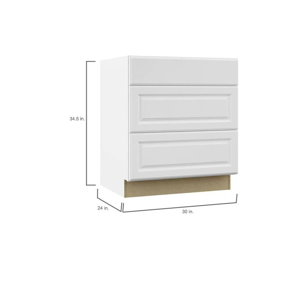 Hampton Bay Hampton 30 in. W x 24 in. D x 34.5 in. H Assembled Drawer Base Kitchen Cabinet in Satin White with Full Extension Glides