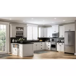 Hampton Bay Shaker 36 in. W x 24 in. D x 34.5 in. H Assembled Apron-Front Sink Base Kitchen Cabinet in Satin White