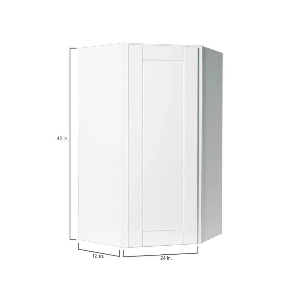 Hampton Bay Shaker 24 in. W x 12 in. D x 42 in. H Assembled Diagonal Corner Wall Kitchen Cabinet in Satin White