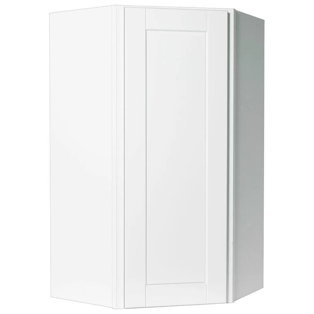 Hampton Bay Shaker 24 in. W x 12 in. D x 42 in. H Assembled Diagonal Corner Wall Kitchen Cabinet in Satin White