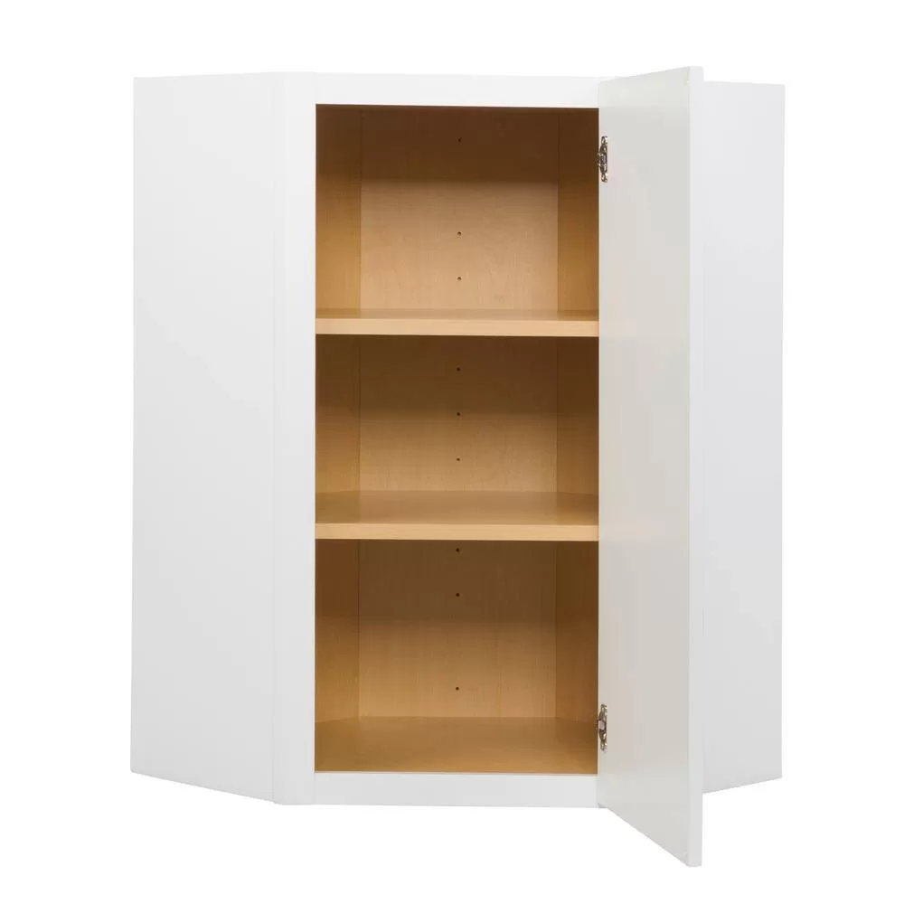 Hampton Bay Shaker 24 in. W x 12 in. D x 42 in. H Assembled Diagonal Corner Wall Kitchen Cabinet in Satin White