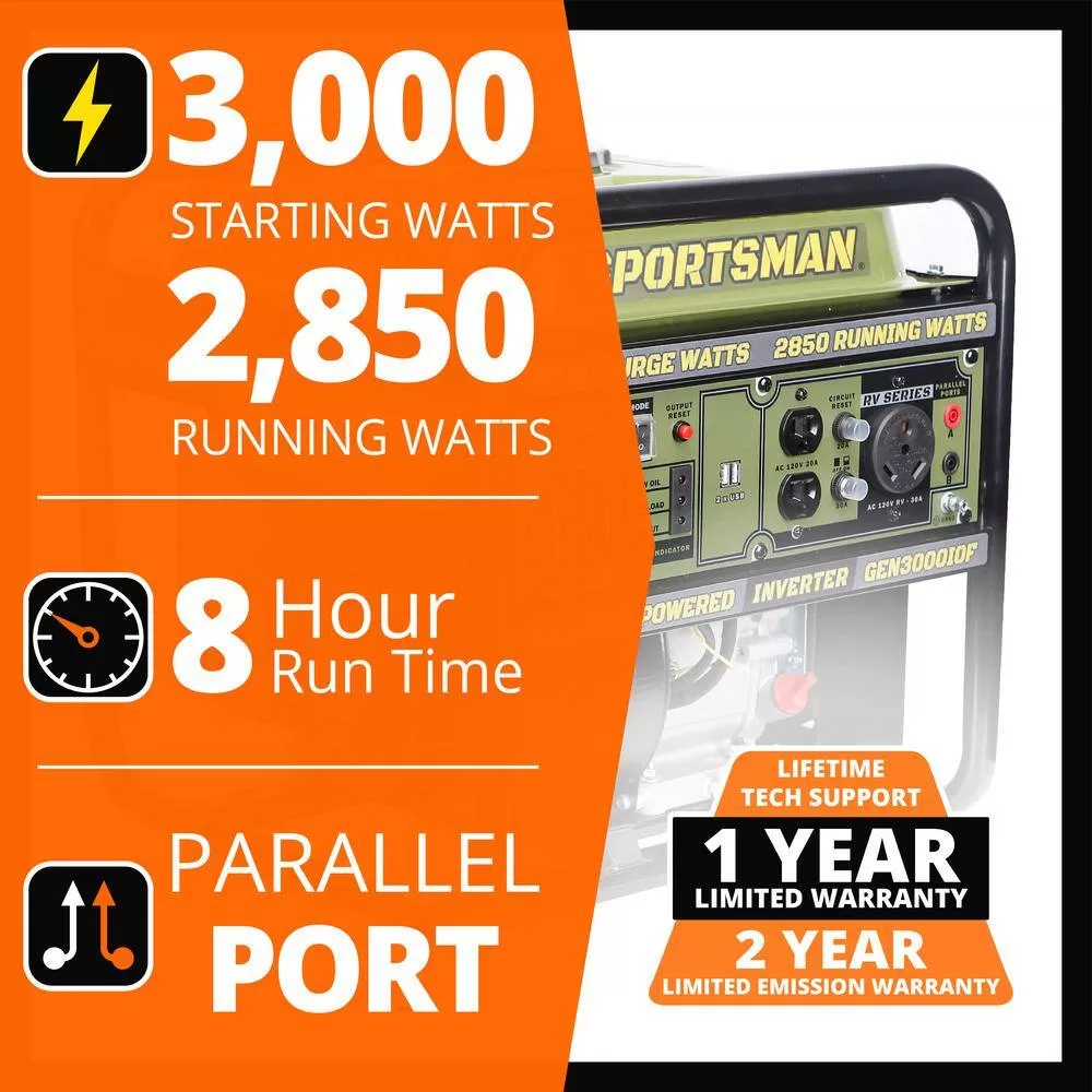 Sportsman 806687 3,000-Watt Open Frame Recoil Start Portable Gasoline Inverter Generator