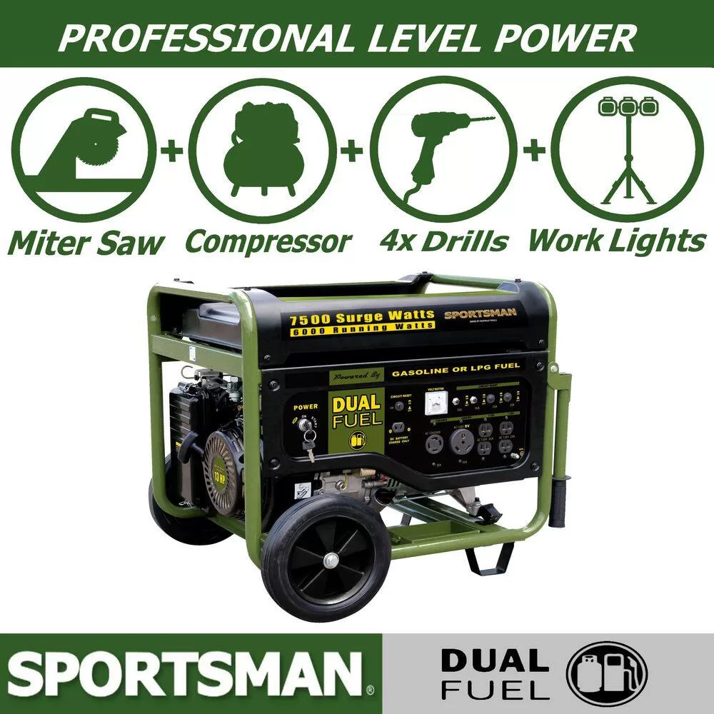 Sportsman 806601 7,500/6,000-Watt Dual Fuel Powered Portable Generator with Electric Start and Runs on LPG or Regular Gasoline