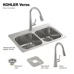 KOHLER K-RH5267-1PC-NA Verse Stainless Steel 33 in. Double Bowl Drop-In Kitchen Sink with Faucet