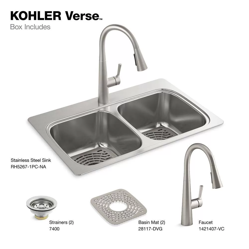 KOHLER K-RH5267-1PC-NA Verse Stainless Steel 33 in. Double Bowl Drop-In Kitchen Sink with Faucet