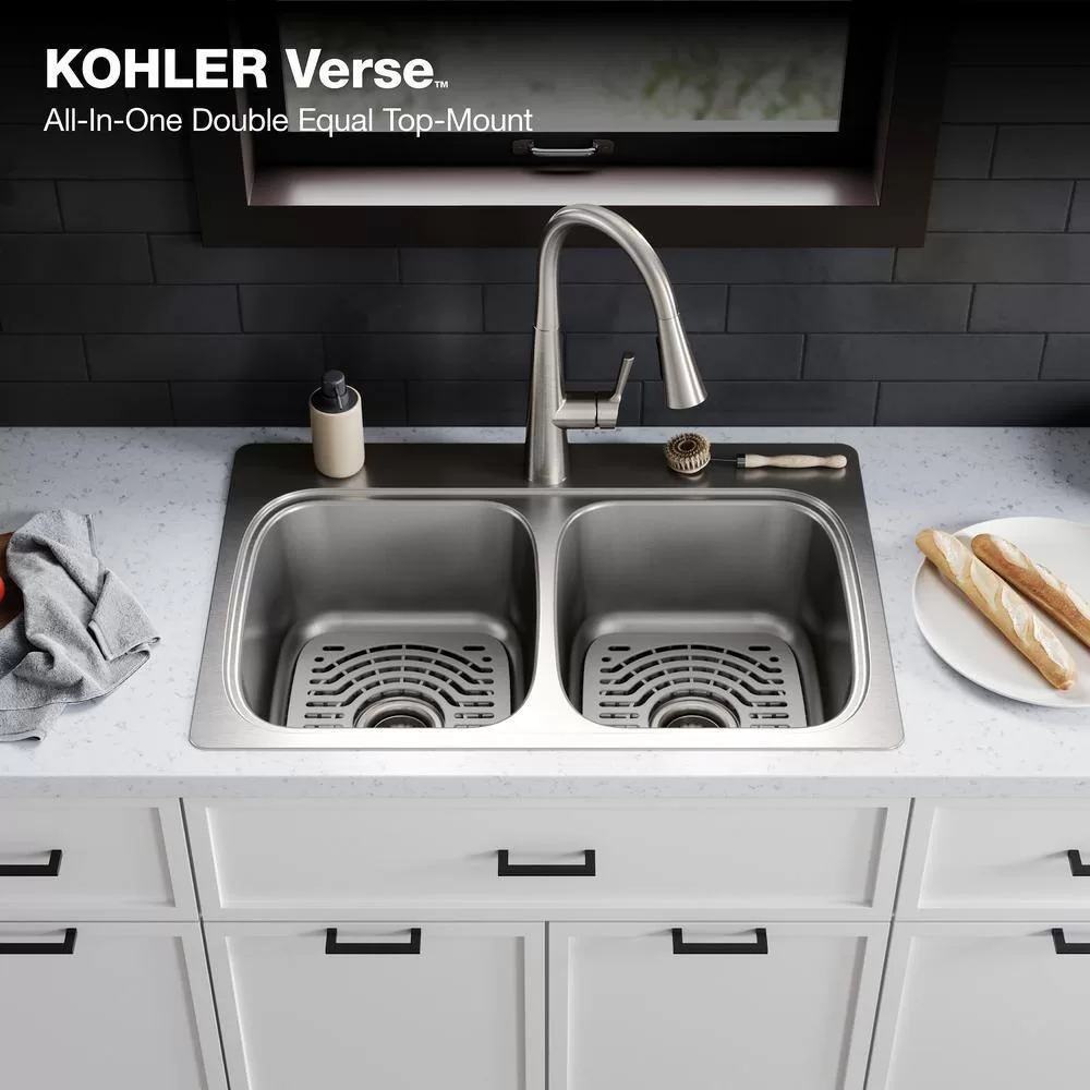 KOHLER K-RH5267-1PC-NA Verse Stainless Steel 33 in. Double Bowl Drop-In Kitchen Sink with Faucet