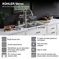 KOHLER K-RH5267-1PC-NA Verse Stainless Steel 33 in. Double Bowl Drop-In Kitchen Sink with Faucet