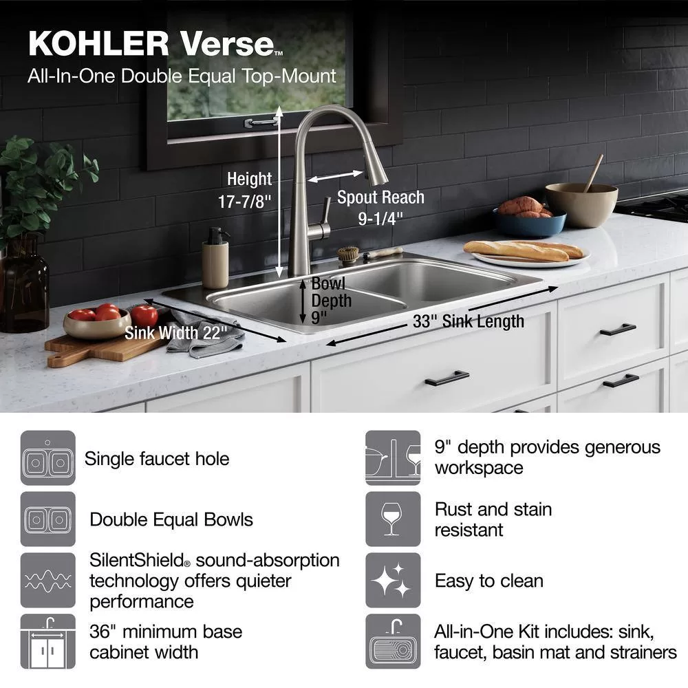 KOHLER K-RH5267-1PC-NA Verse Stainless Steel 33 in. Double Bowl Drop-In Kitchen Sink with Faucet