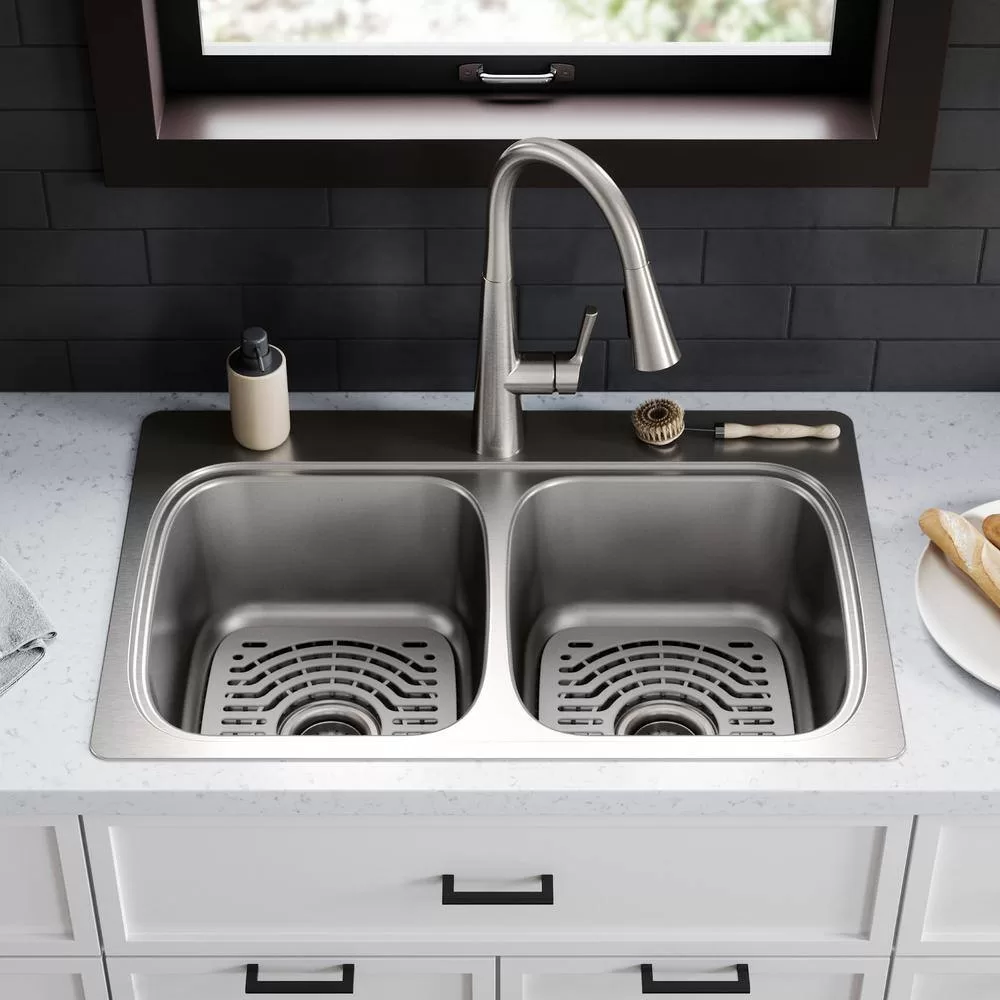KOHLER K-RH5267-1PC-NA Verse Stainless Steel 33 in. Double Bowl Drop-In Kitchen Sink with Faucet
