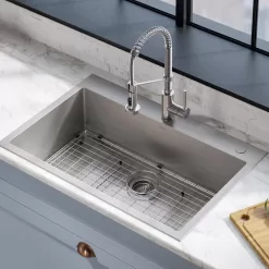 KRAUS KCA-1102 Loften Stainless Steel 33in. Single Bowl Drop-in / Undermount Kitchen Sink with Stainless Steel Pull Down Faucet