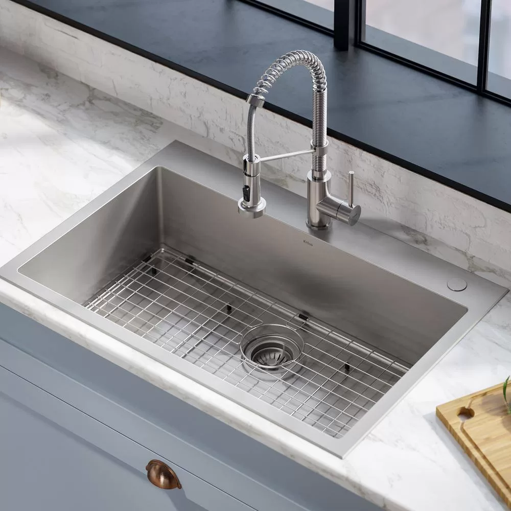 KRAUS KCA-1102 Loften Stainless Steel 33in. Single Bowl Drop-in / Undermount Kitchen Sink with Stainless Steel Pull Down Faucet