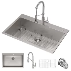 KRAUS KCA-1102 Loften Stainless Steel 33in. Single Bowl Drop-in / Undermount Kitchen Sink with Stainless Steel Pull Down Faucet