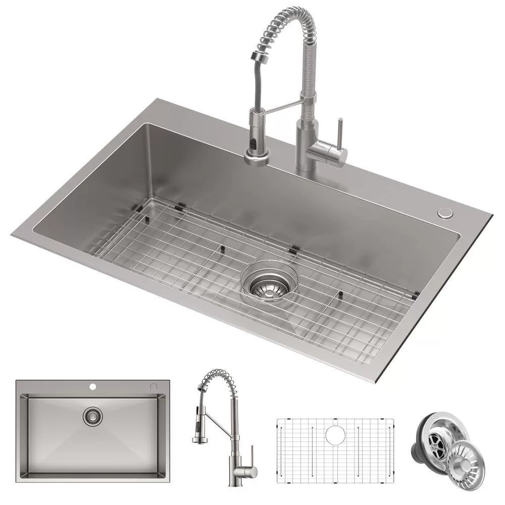 KRAUS KCA-1102 Loften Stainless Steel 33in. Single Bowl Drop-in / Undermount Kitchen Sink with Stainless Steel Pull Down Faucet