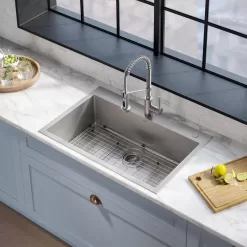 KRAUS KCA-1102 Loften Stainless Steel 33in. Single Bowl Drop-in / Undermount Kitchen Sink with Stainless Steel Pull Down Faucet