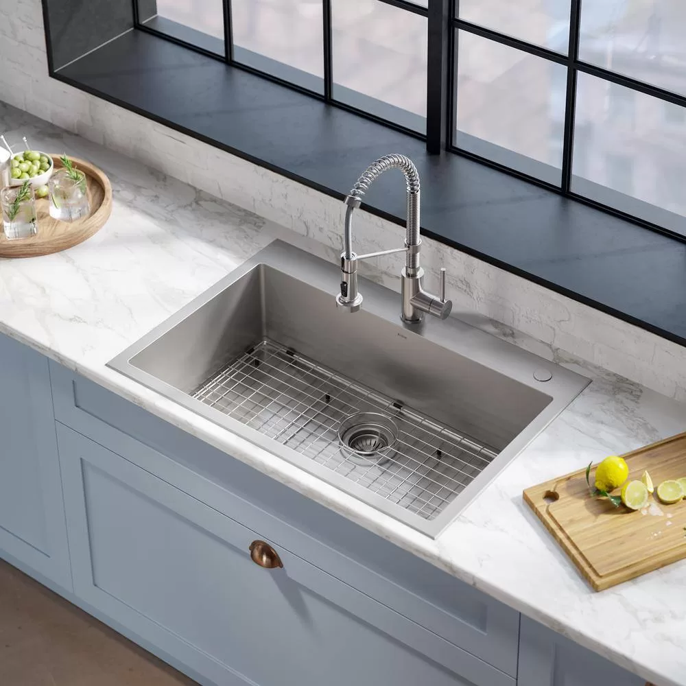 KRAUS KCA-1102 Loften Stainless Steel 33in. Single Bowl Drop-in / Undermount Kitchen Sink with Stainless Steel Pull Down Faucet