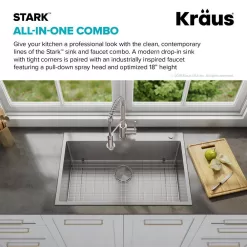 KRAUS KCA-1102 Loften Stainless Steel 33in. Single Bowl Drop-in / Undermount Kitchen Sink with Stainless Steel Pull Down Faucet
