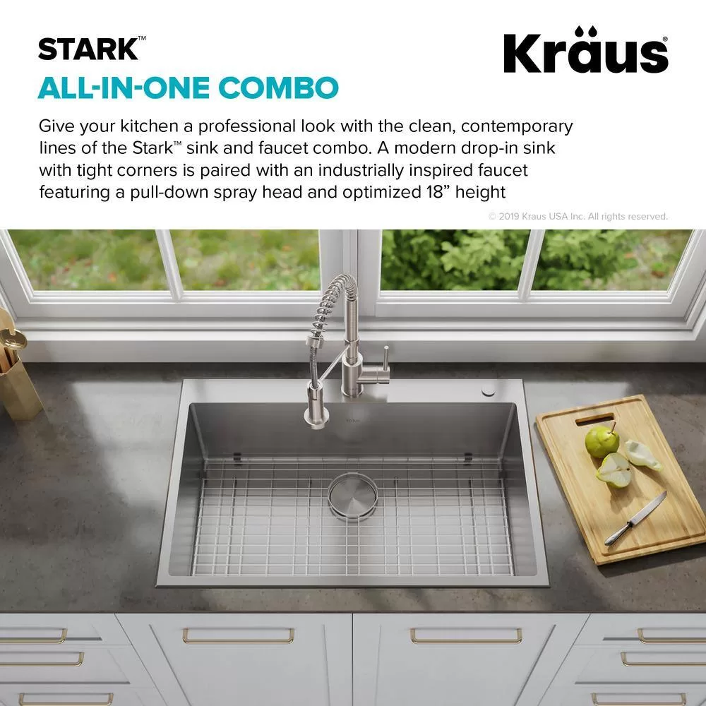 KRAUS KCA-1102 Loften Stainless Steel 33in. Single Bowl Drop-in / Undermount Kitchen Sink with Stainless Steel Pull Down Faucet