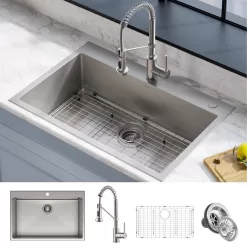 KRAUS KCA-1102 Loften Stainless Steel 33in. Single Bowl Drop-in / Undermount Kitchen Sink with Stainless Steel Pull Down Faucet