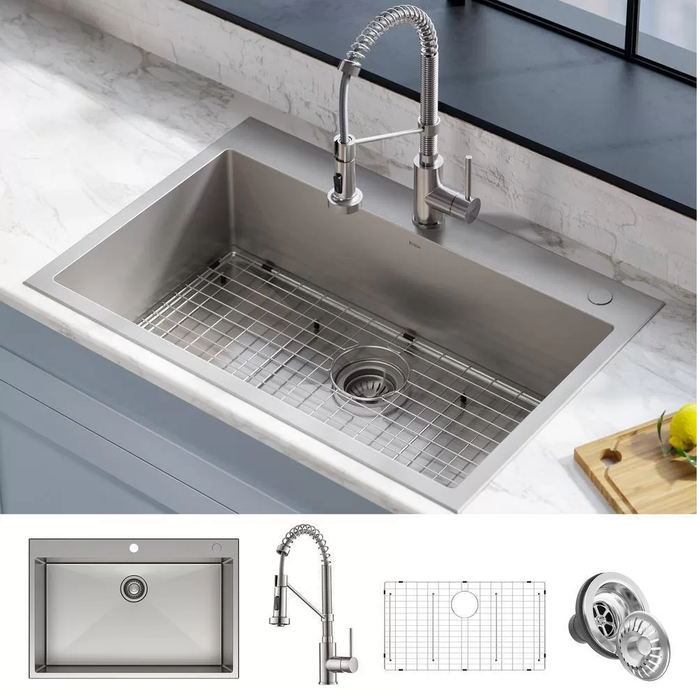KRAUS KCA-1102 Loften Stainless Steel 33in. Single Bowl Drop-in / Undermount Kitchen Sink with Stainless Steel Pull Down Faucet