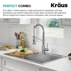 KRAUS Loften 33 in. Drop-in/Undermount Single Bowl Stainless Steel Kitchen Workstation Sink with Faucet and Accessories