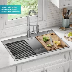 KRAUS Loften 33 in. Drop-in/Undermount Single Bowl Stainless Steel Kitchen Workstation Sink with Faucet and Accessories