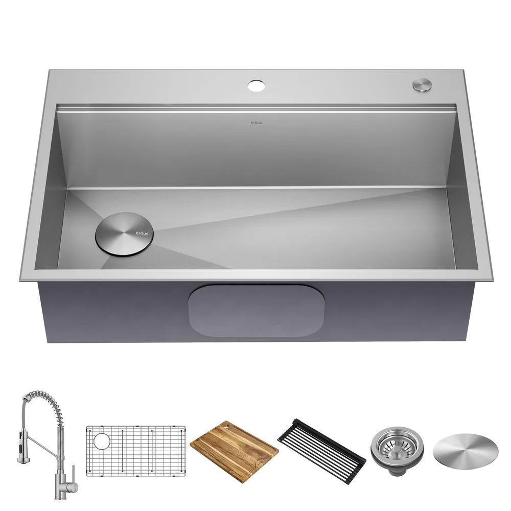 KRAUS Loften 33 in. Drop-in/Undermount Single Bowl Stainless Steel Kitchen Workstation Sink with Faucet and Accessories
