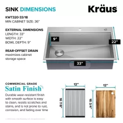 KRAUS Loften 33 in. Drop-in/Undermount Single Bowl Stainless Steel Kitchen Workstation Sink with Faucet and Accessories