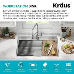 KRAUS Loften 33 in. Drop-in/Undermount Single Bowl Stainless Steel Kitchen Workstation Sink with Faucet and Accessories