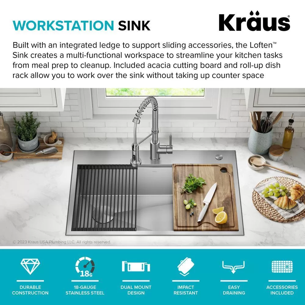 KRAUS Loften 33 in. Drop-in/Undermount Single Bowl Stainless Steel Kitchen Workstation Sink with Faucet and Accessories