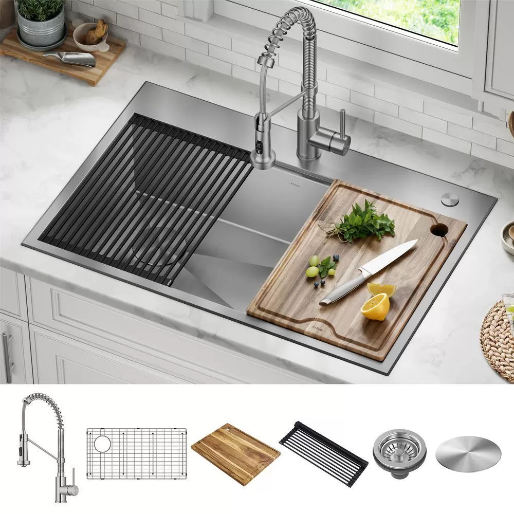 KRAUS Loften 33 in. Drop-in/Undermount Single Bowl Stainless Steel Kitchen Workstation Sink with Faucet and Accessories