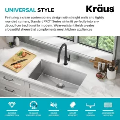 KRAUS KHU100-30 Standart PRO 30 in. Undermount Single Bowl 16 Gauge Stainless Steel Kitchen Sink with Accessories