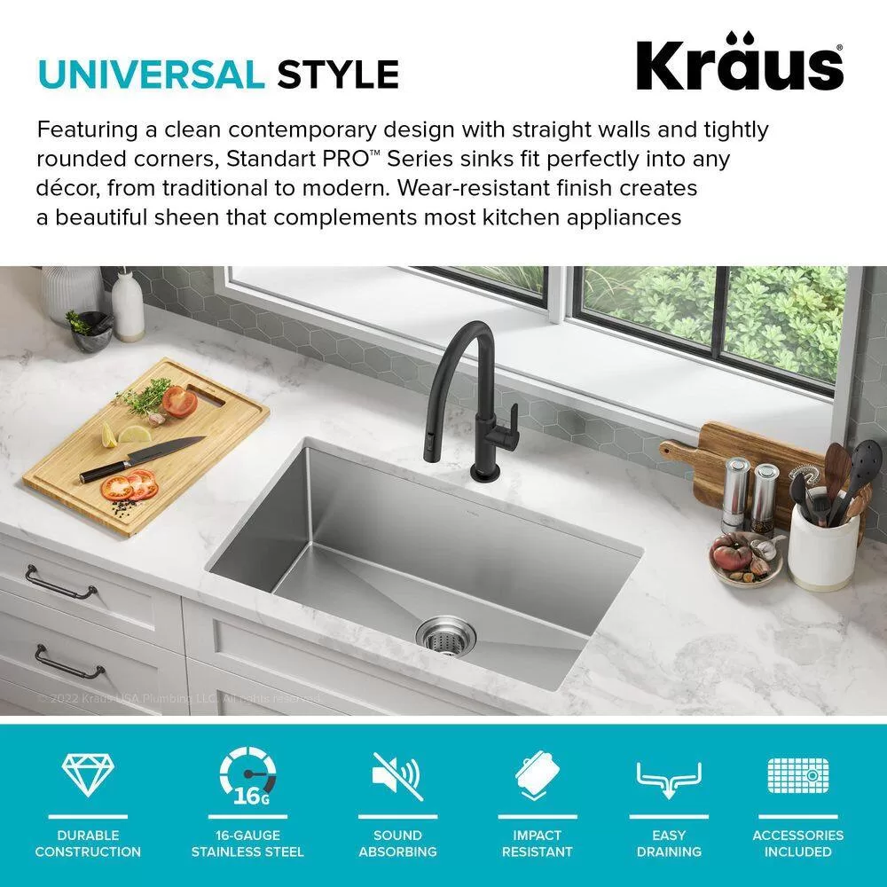 KRAUS KHU100-30 Standart PRO 30 in. Undermount Single Bowl 16 Gauge Stainless Steel Kitchen Sink with Accessories