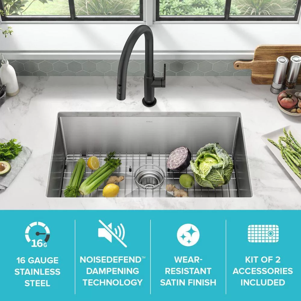 KRAUS KHU100-30 Standart PRO 30 in. Undermount Single Bowl 16 Gauge Stainless Steel Kitchen Sink with Accessories
