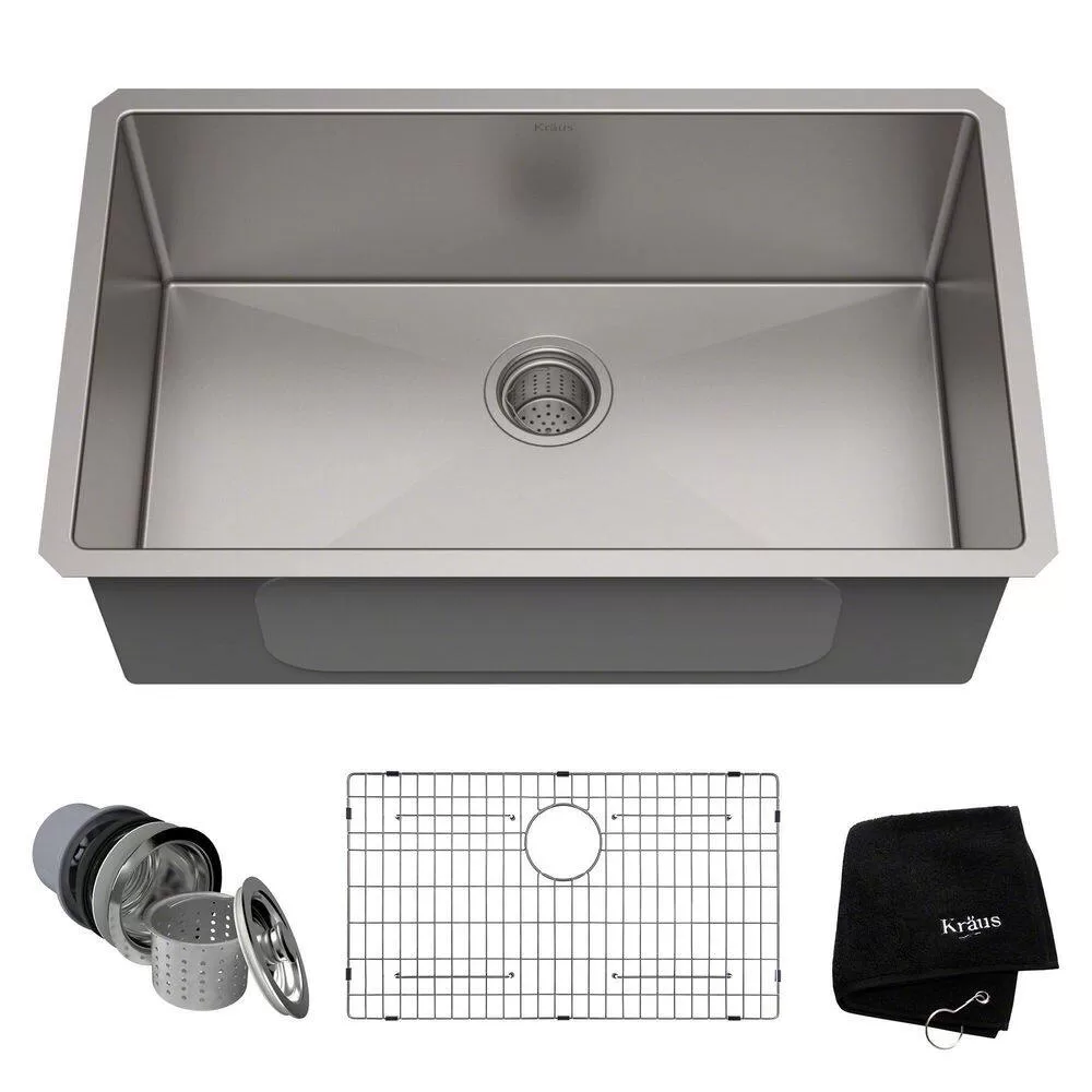 KRAUS KHU100-30 Standart PRO 30 in. Undermount Single Bowl 16 Gauge Stainless Steel Kitchen Sink with Accessories