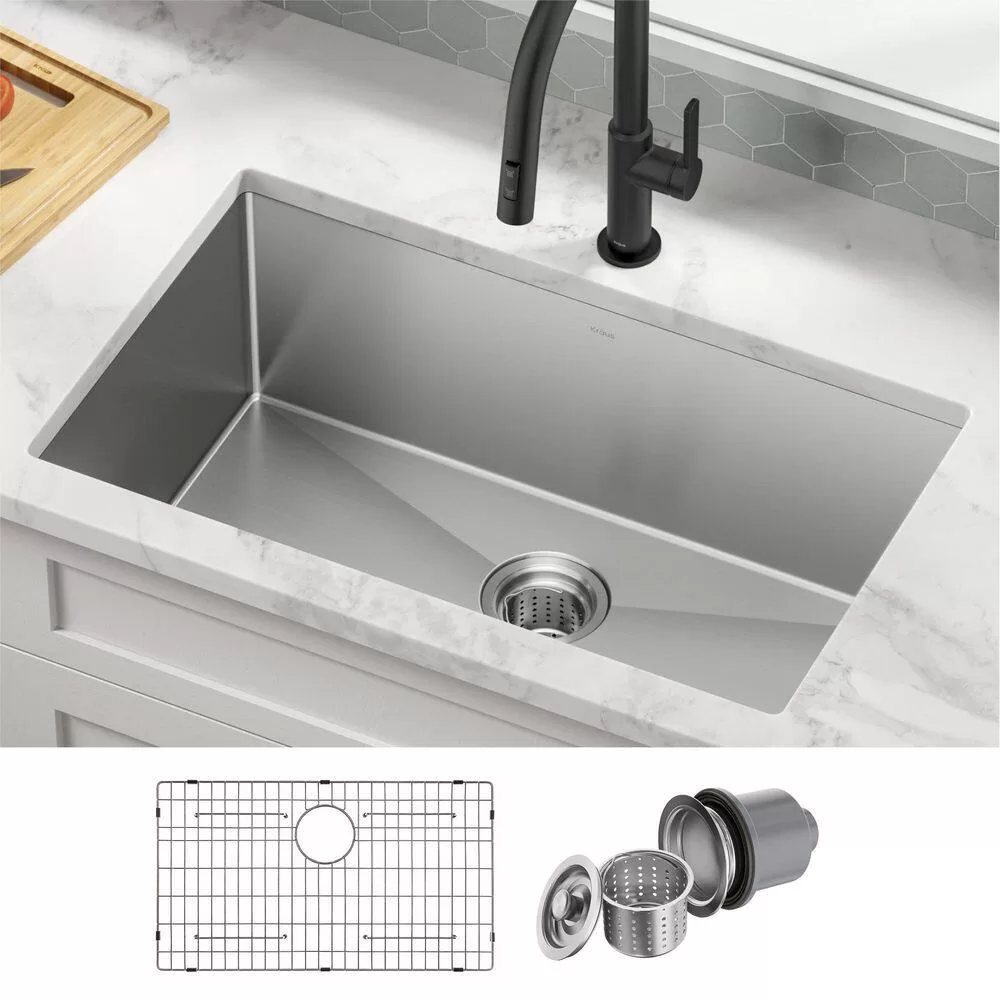 KRAUS KHU100-30 Standart PRO 30 in. Undermount Single Bowl 16 Gauge Stainless Steel Kitchen Sink with Accessories