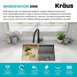 KRAUS Kore Workstation 27 in. 16-Gauge Undermount Single Bowl Stainless Steel Kitchen Sink with Accessories