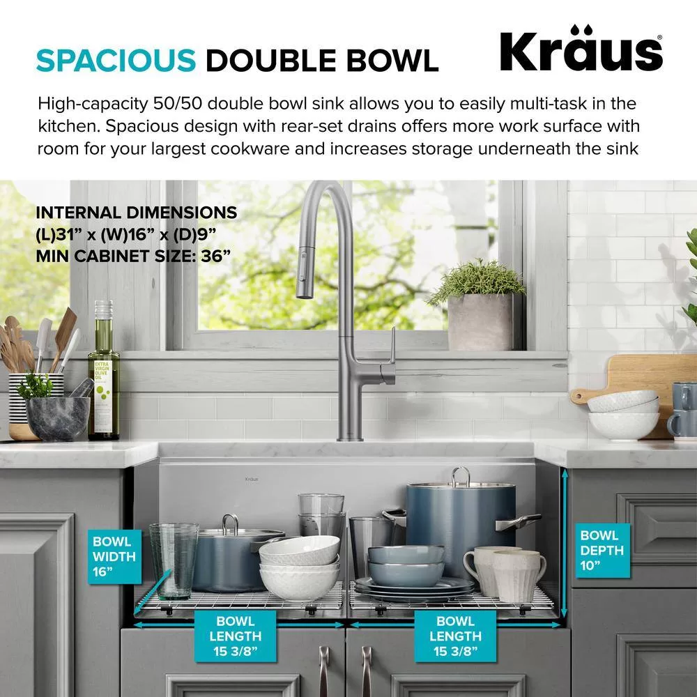 KRAUS Kore Workstation 33-inch Undermount 16 Gauge Double Bowl Stainless Steel Kitchen Sink with Accessories (Pack of 8)