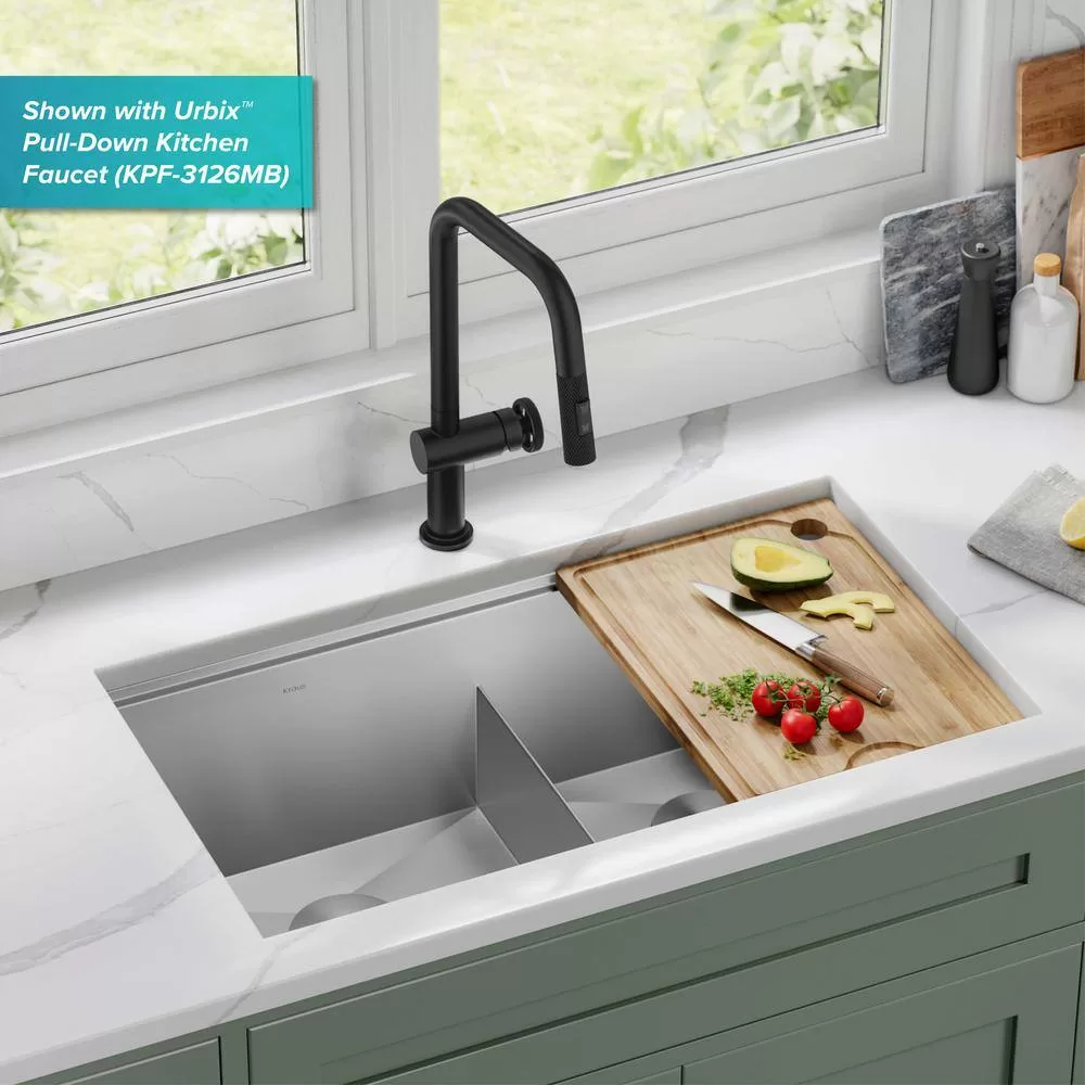 KRAUS Kore Workstation 33-inch Undermount 16 Gauge Double Bowl Stainless Steel Kitchen Sink with Accessories (Pack of 8)