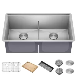 KRAUS Kore Workstation 33-inch Undermount 16 Gauge Double Bowl Stainless Steel Kitchen Sink with Accessories (Pack of 8)