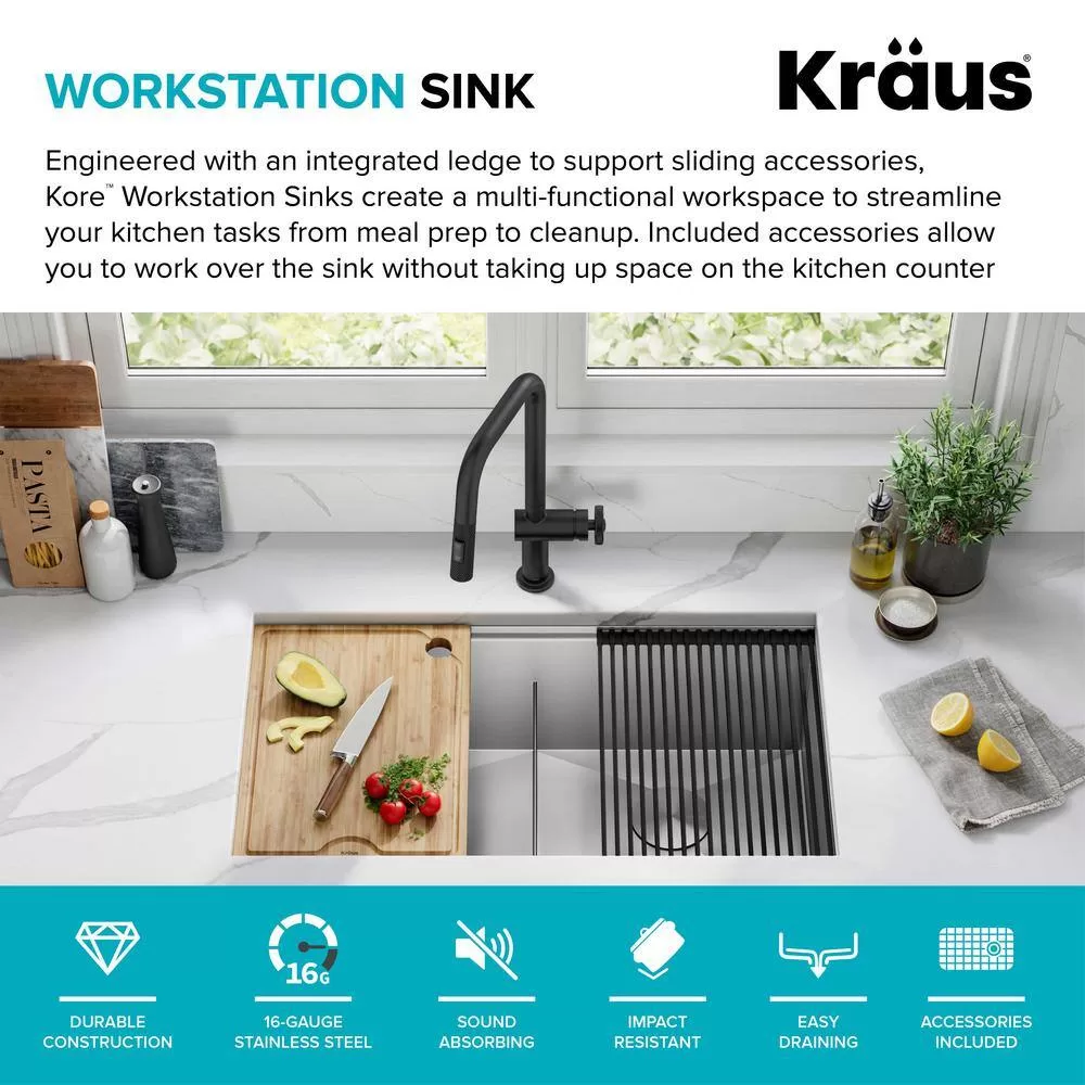 KRAUS Kore Workstation 33-inch Undermount 16 Gauge Double Bowl Stainless Steel Kitchen Sink with Accessories (Pack of 8)