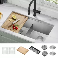 KRAUS Kore Workstation 33-inch Undermount 16 Gauge Double Bowl Stainless Steel Kitchen Sink with Accessories (Pack of 8)