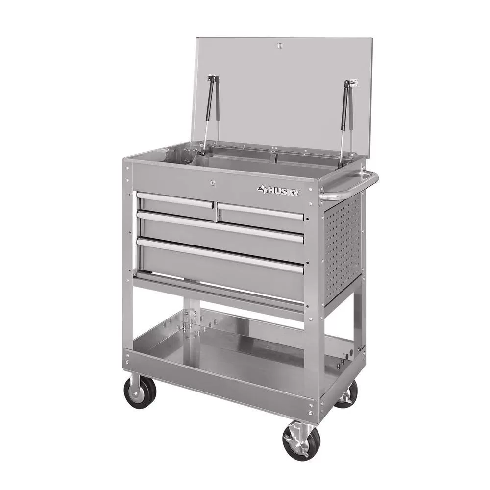 Husky HOUC3304JX1 33 in. 4-Drawer Stainless Steel Mechanics Cart