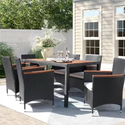 Tozey 7-Piece Acacia and Wicker Outdoor Dining Set with Beige Cushions