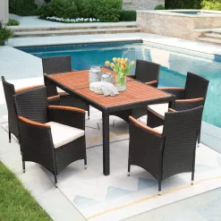 Tozey 7-Piece Acacia and Wicker Outdoor Dining Set with Beige Cushions