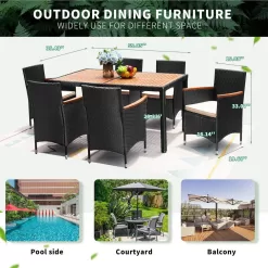 Tozey 7-Piece Acacia and Wicker Outdoor Dining Set with Beige Cushions