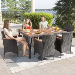 Tozey 7-Piece Acacia and Wicker Outdoor Dining Set with Beige Cushions